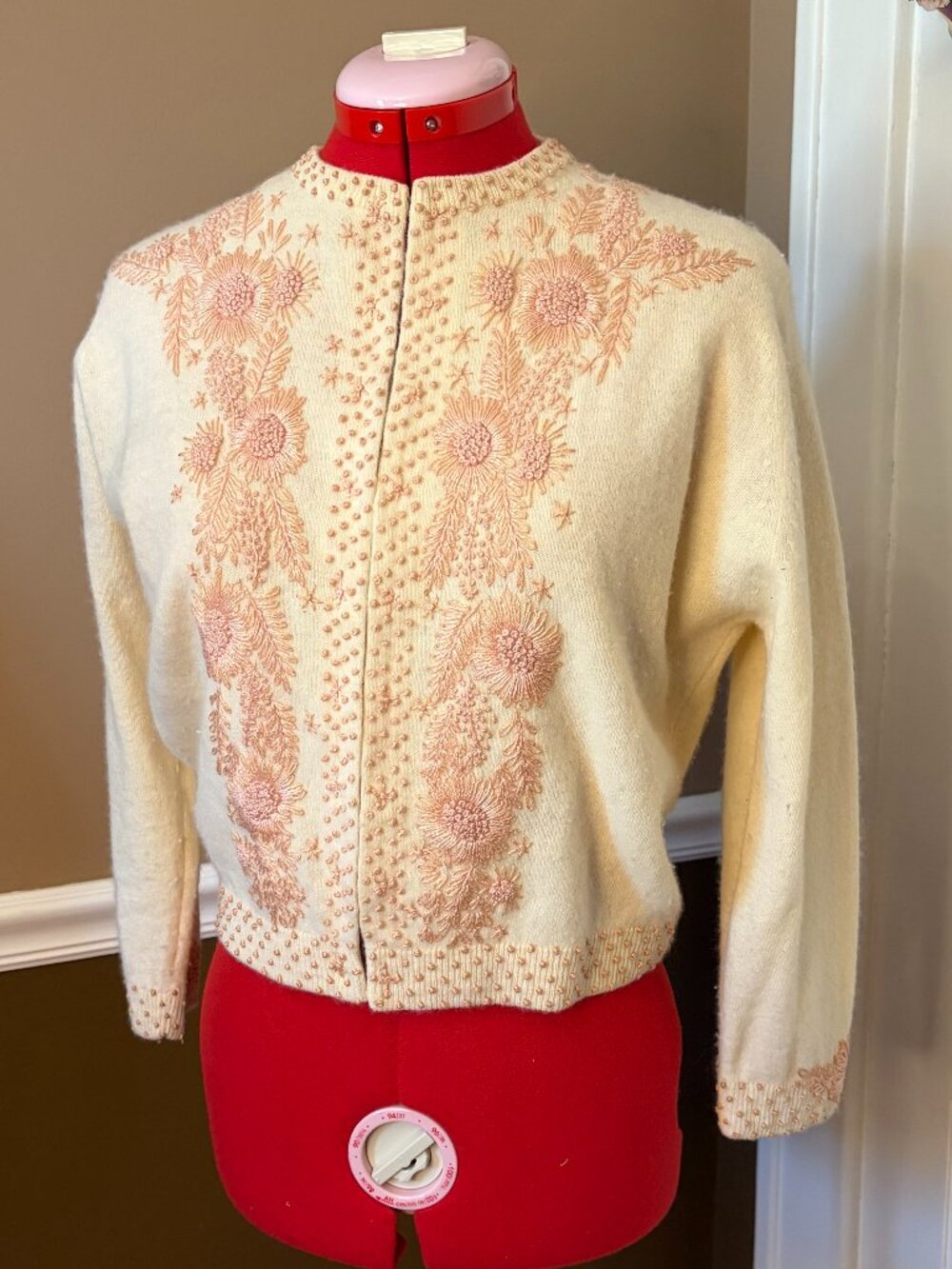 1950s spring wool cardigan -- insane embroidery detailing pink on butter